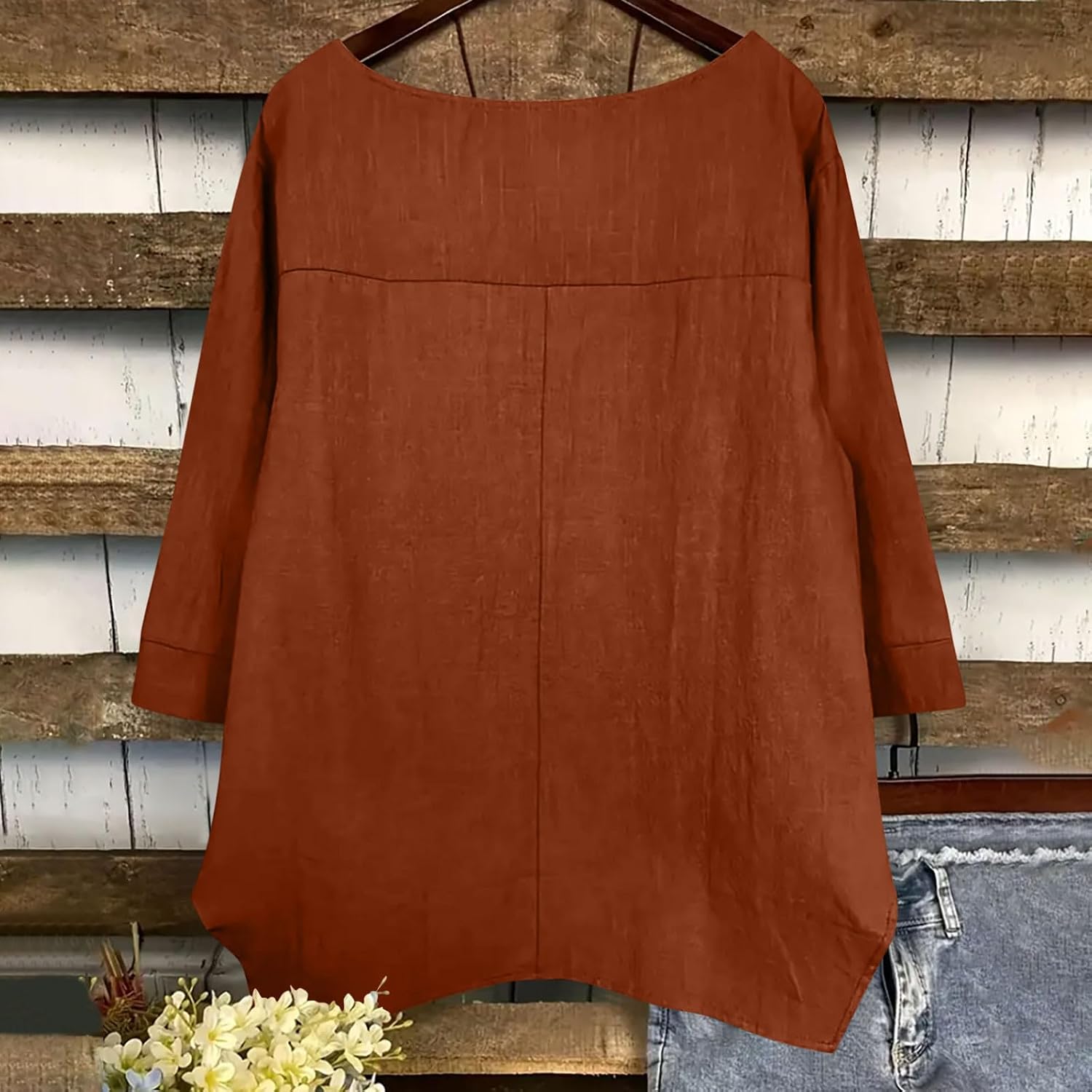 Linen Tops for Women 3/4 Sleeve Crew Neck Cotton Shirts Casual Blouse Oversized Spring Clothes Summer Outfits
