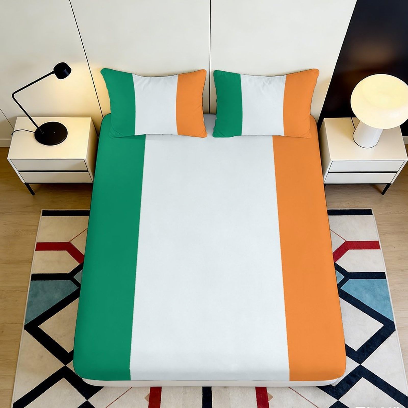 3D Printed Irish Flag Fitted Sheet Microfiber Soft Color Block Mattress Cover for Bedroom Dorm Home Decor 90x200x25cm