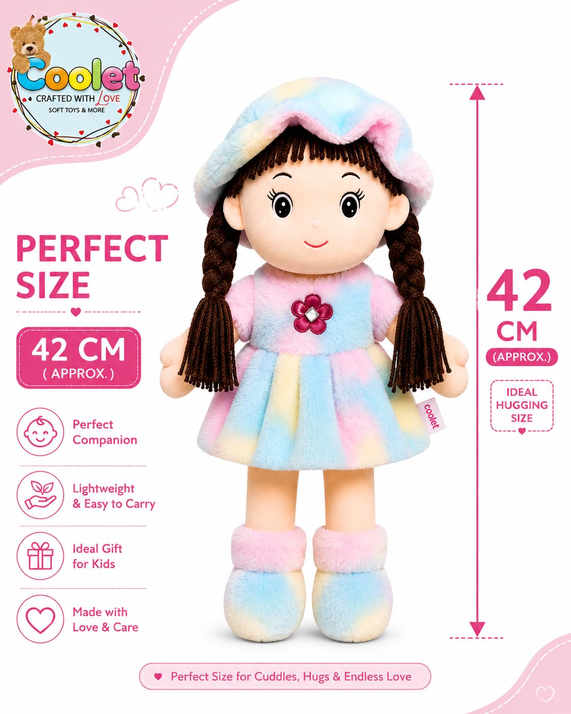 Coolet Soft Hat Doll for Kids 42 cm | Cute Plush Rag Doll with Cap & Braided Hair | Washable Stuffed Soft Toy for Girls & Boys | Birthday Gift | Multicolor