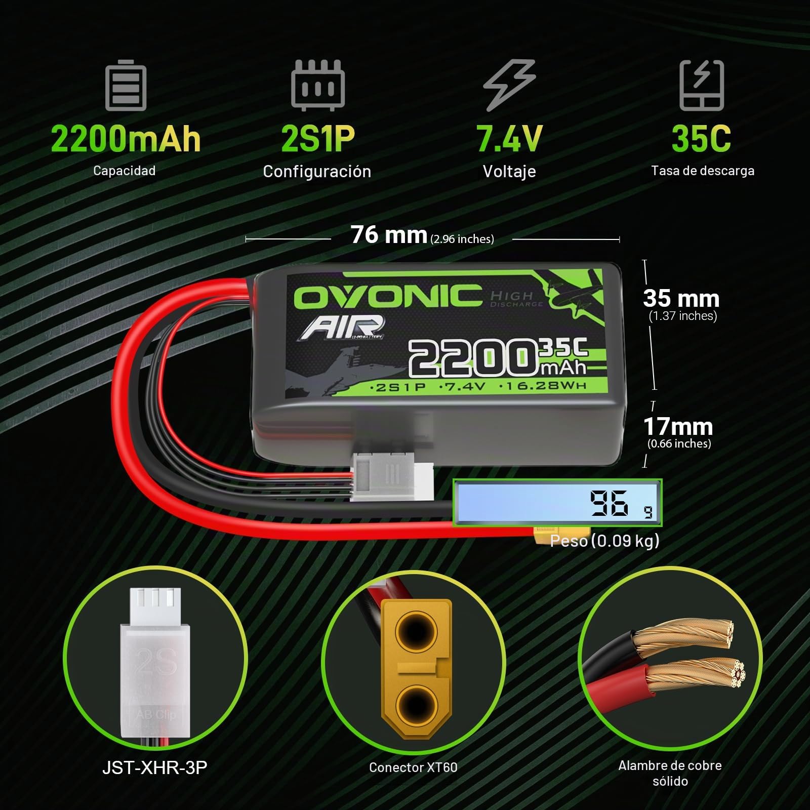 OVONIC 2S - Batería de polímero de litio (35 C, 2200 mAh, 7,4 V, con conector XT60, para helicóptero de avión teledirigido 1:14, 2 unidades)