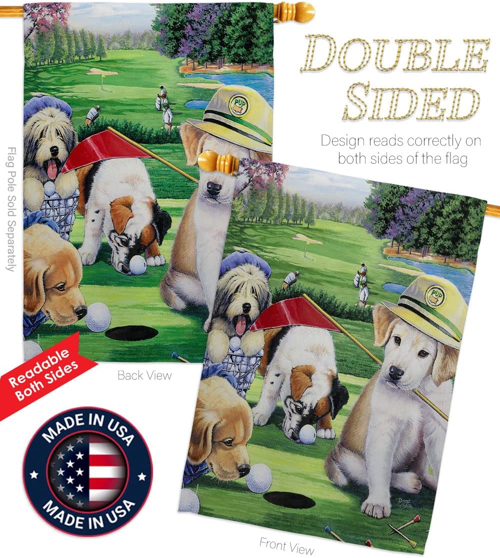 Breeze Decor - Golfing Puppies Nature - Everyday Pets Impressions Decorative Vertical House Flag 28" x 40" Printed in USA