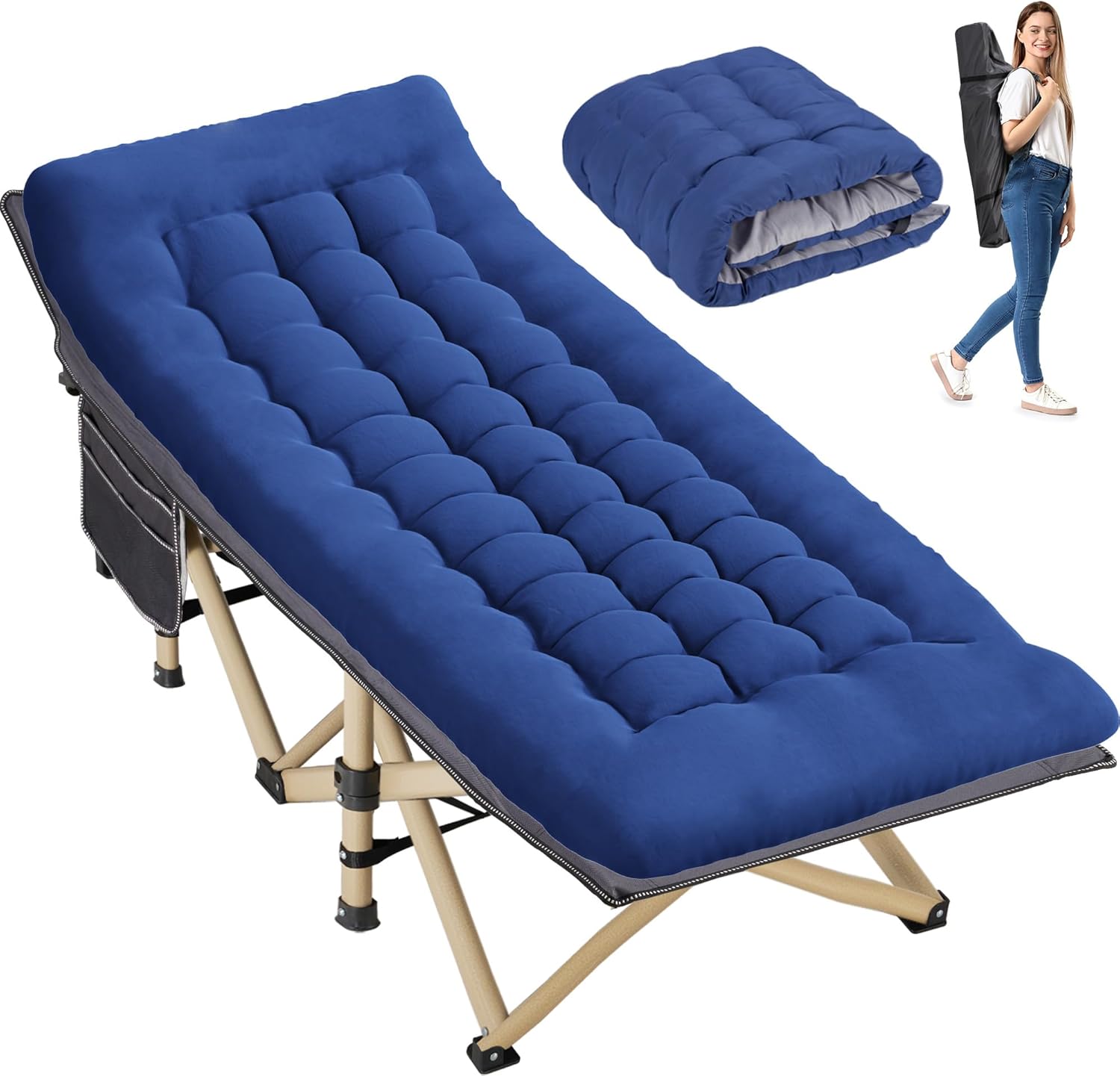 Folding Camping Cot for Sleeping, Portable Cots for Adults, Heavy Duty Cot Bed 550LBS(Max Load), Extra Wider Cots with Large Pocket for Outdoor, Office, Beach