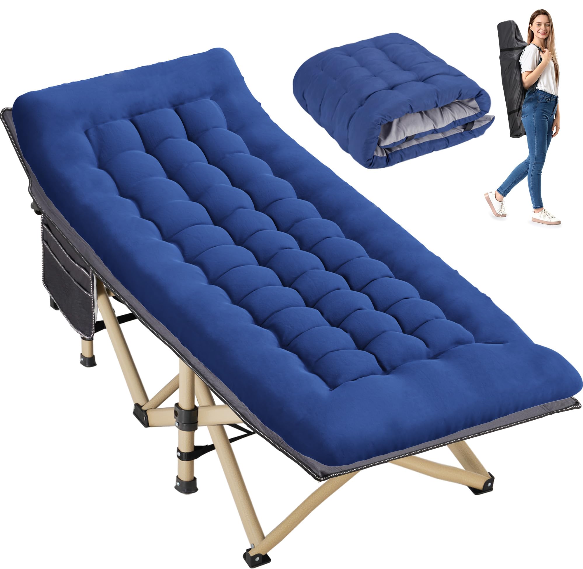 Candockway Folding Camping Cot for Sleeping, Portable Cots for Adults, Heavy Duty Cot Bed 550LBS(Max Load), Extra Wider Cots with Large Pocket for