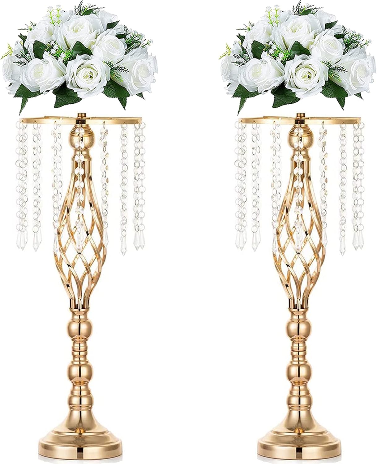 Sziqiqi Floral Centerpiece Riser Gold Tall Flower Crystal Centerpiece Stand with Crystal Beads for Event Party Wedding Reception Center Piece Floral Arrangements, 2pcs Gold 21.7inch