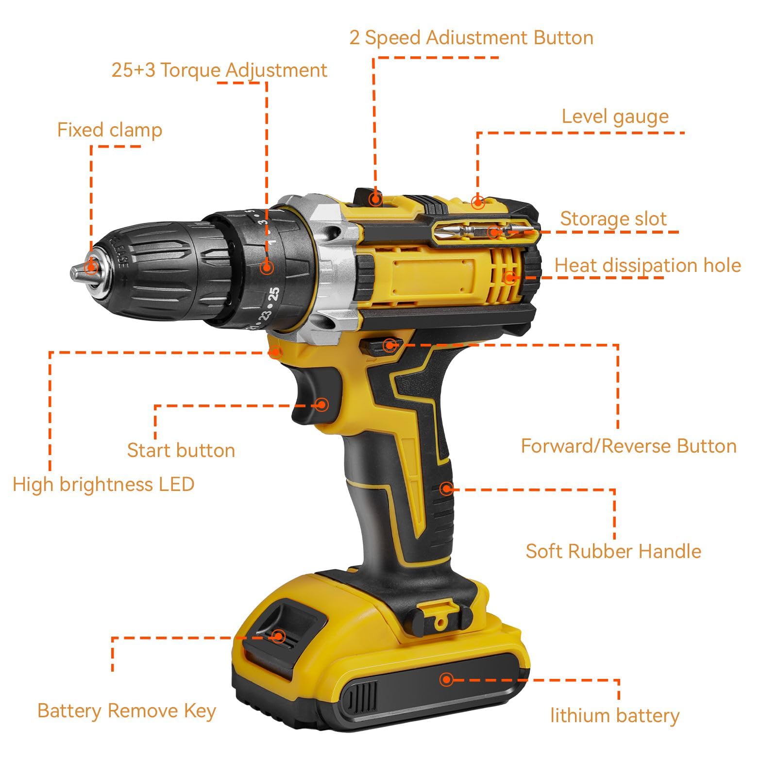 Perceuse Visseuse Sans Fil,18V Visseuse Devisseuse avec 2 Batteries,45Nm Perceuse Percussion,25+3 Réglages de Couple,2 Vitesses,24 Accessoires et Valise,LED Light,pour la Bricolage (2 Batteries)