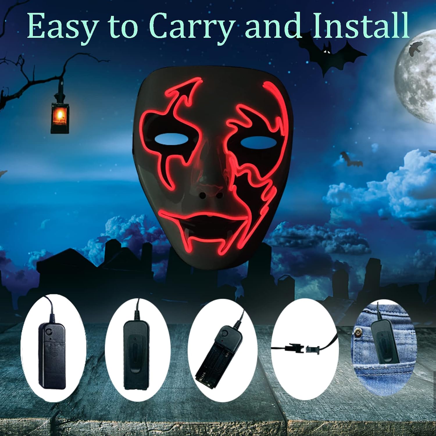 Wetufin- Halloween Purge Mask, LED Light Up, Scare, Glow EL Wire Masks for Festival Party Gifts, for Man Woman Adult
