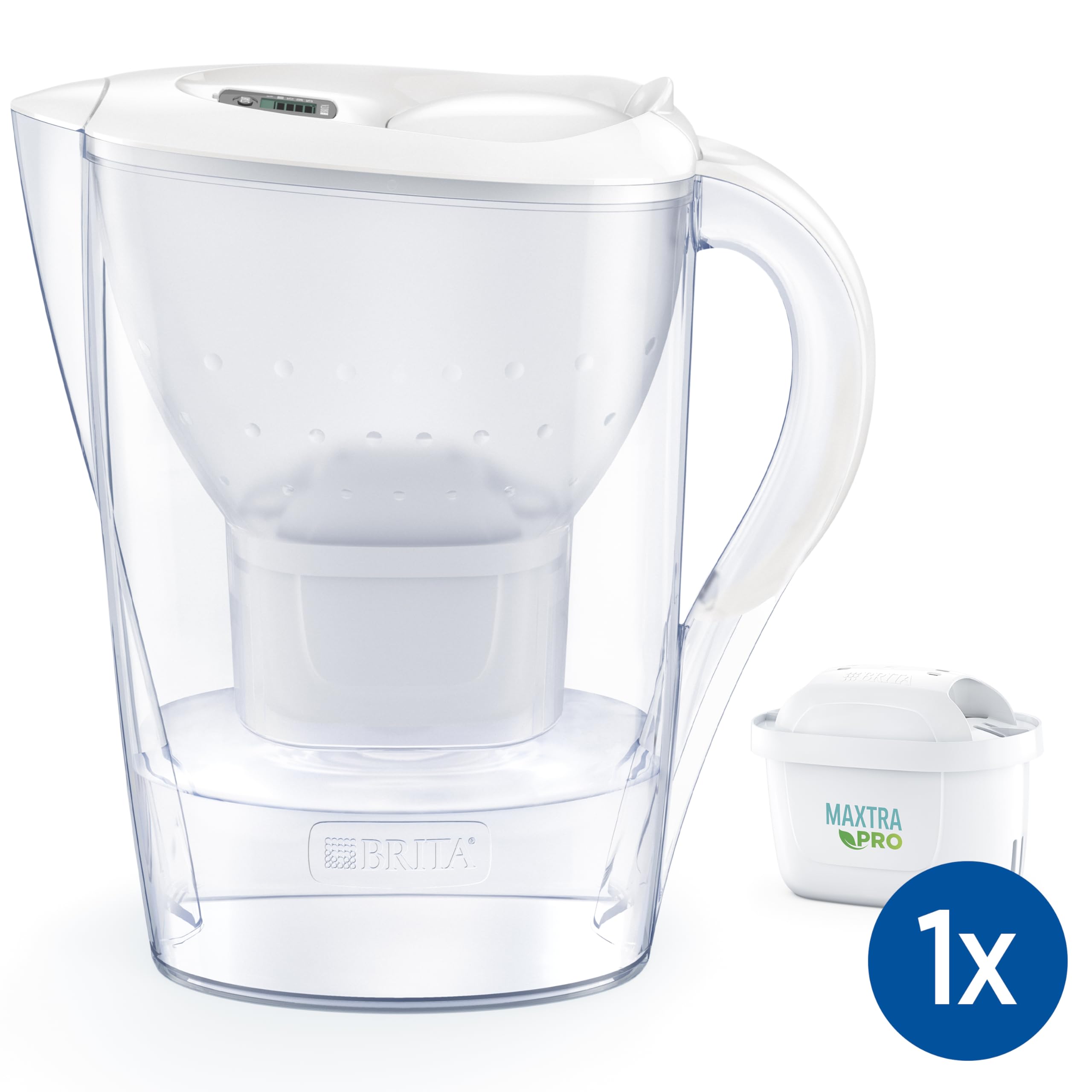 BRITA Dzbanek filtrujący Marella biały (2.4L) zawiera 1 filtr MAXTRA PRO Pure Performance - wskaźnik elektroniczny, uchylna pokrywka, filtr redukuje chlor, kamień, zanieczyszczenia