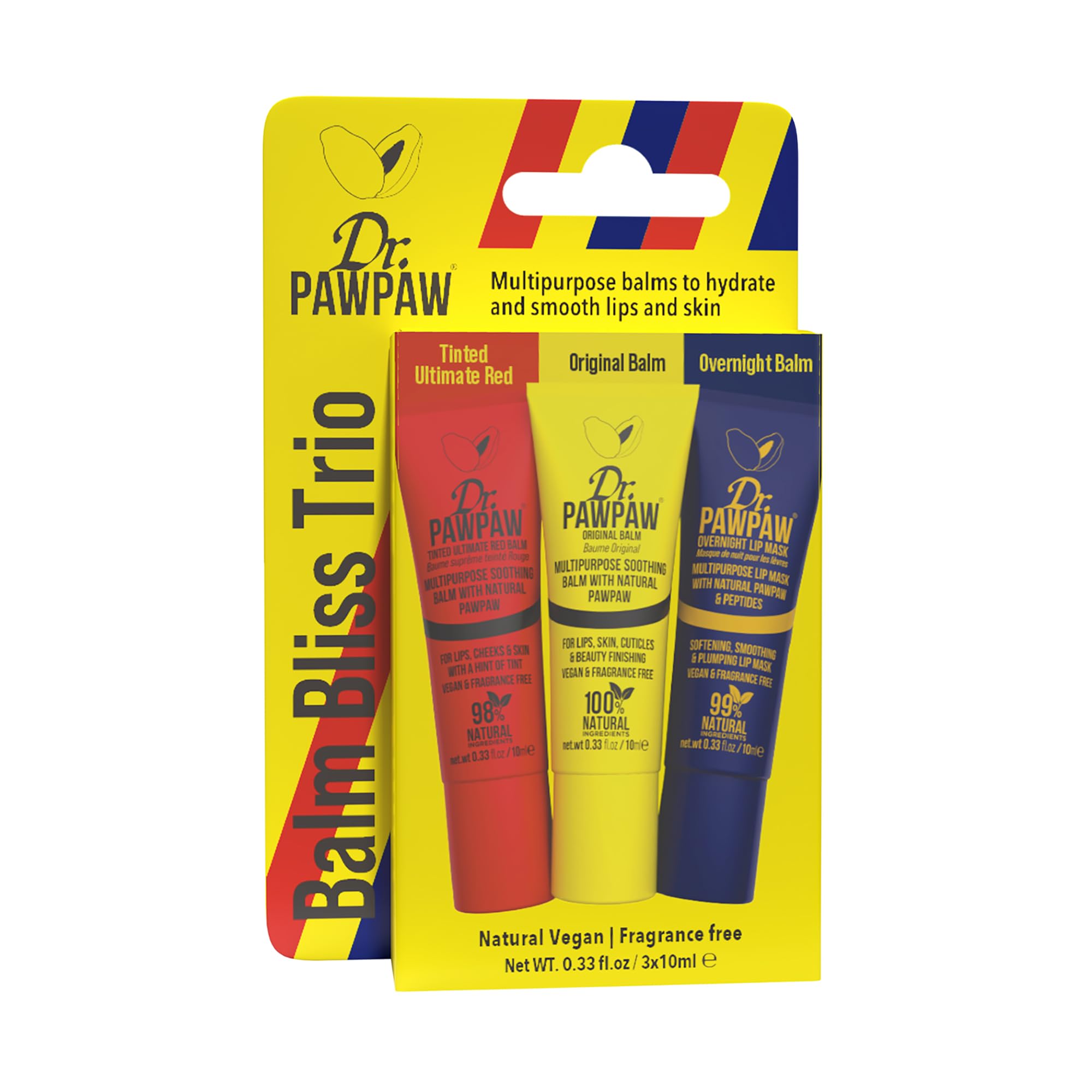 Dr.PAWPAW Balm Bliss Trio 3 x 10ml, Multi Purpose Natural Pawpaw Balms Gift Set, Vegan Hydrating Care for Lips Skin Hair Cuticles and Nails, Fragrance Free
