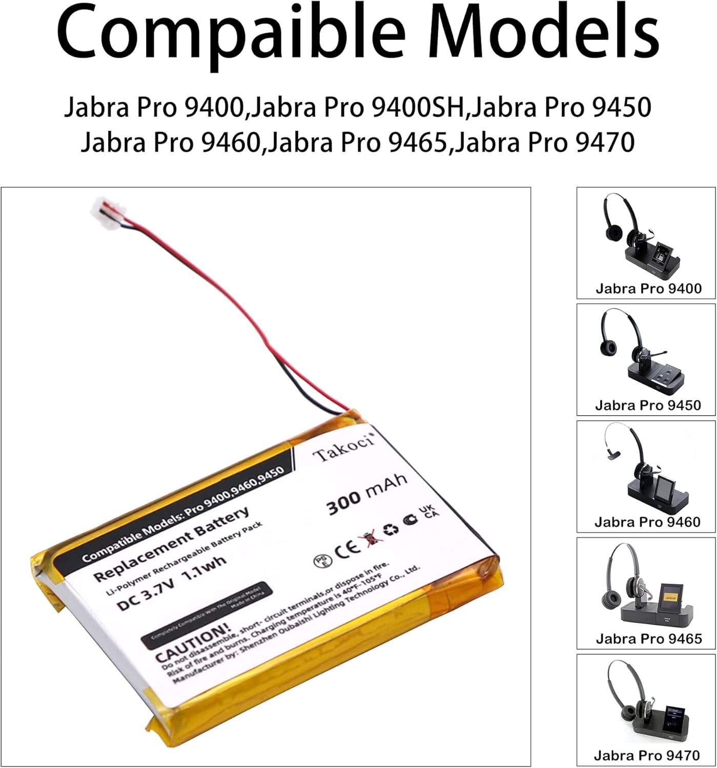 5 Pack Replacement Battery for Jabra Pro 9400 Series Wireless Headset,fits Part Number 14192-00 AHB412434PJ 3.7V 300mAh