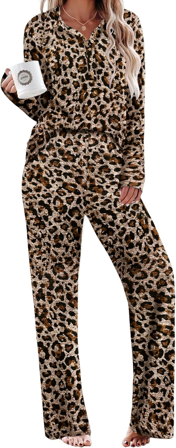 Ekouaer Womens Pajamas Set Fall Lounge Sets 2 Piece Long Sleeve Sleepwear Button Down Soft Pjs Nightwear