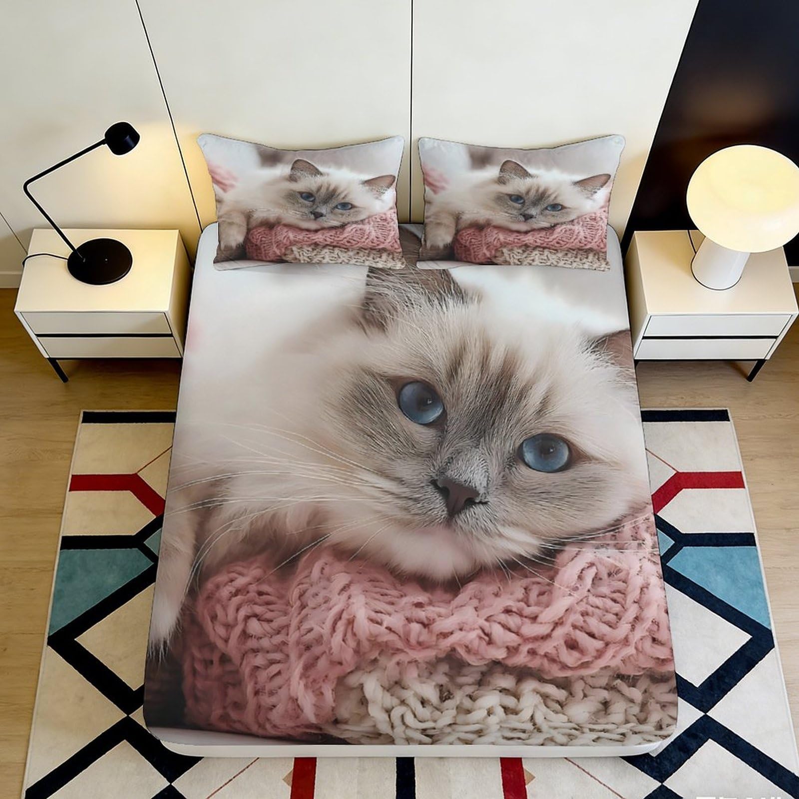 3D Printed Cat Portrait Fitted Sheet Microfiber Soft Bedroom Decor Kitten Yarn Mattress Cover for Home Dorm Room 90x200x25cm