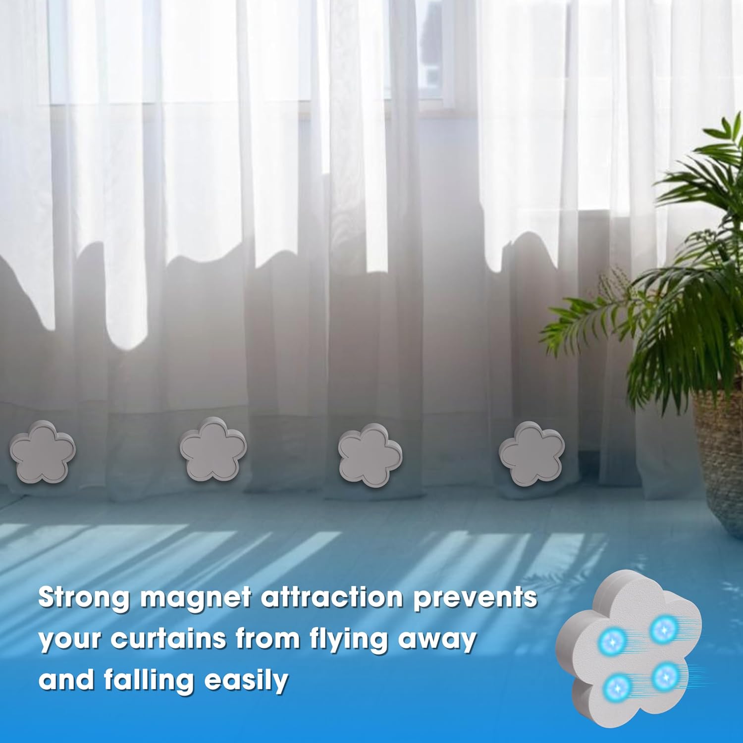 16 Pcs (8 Pairs) Magnetic Curtain Weights, Heavy Duty Outdoor Curtain Weights with 4 Strong Magnets, Waterproof Flower Shaped Curtain Magnets for Drapes, Sheer Curtains & Tablecloth (White)