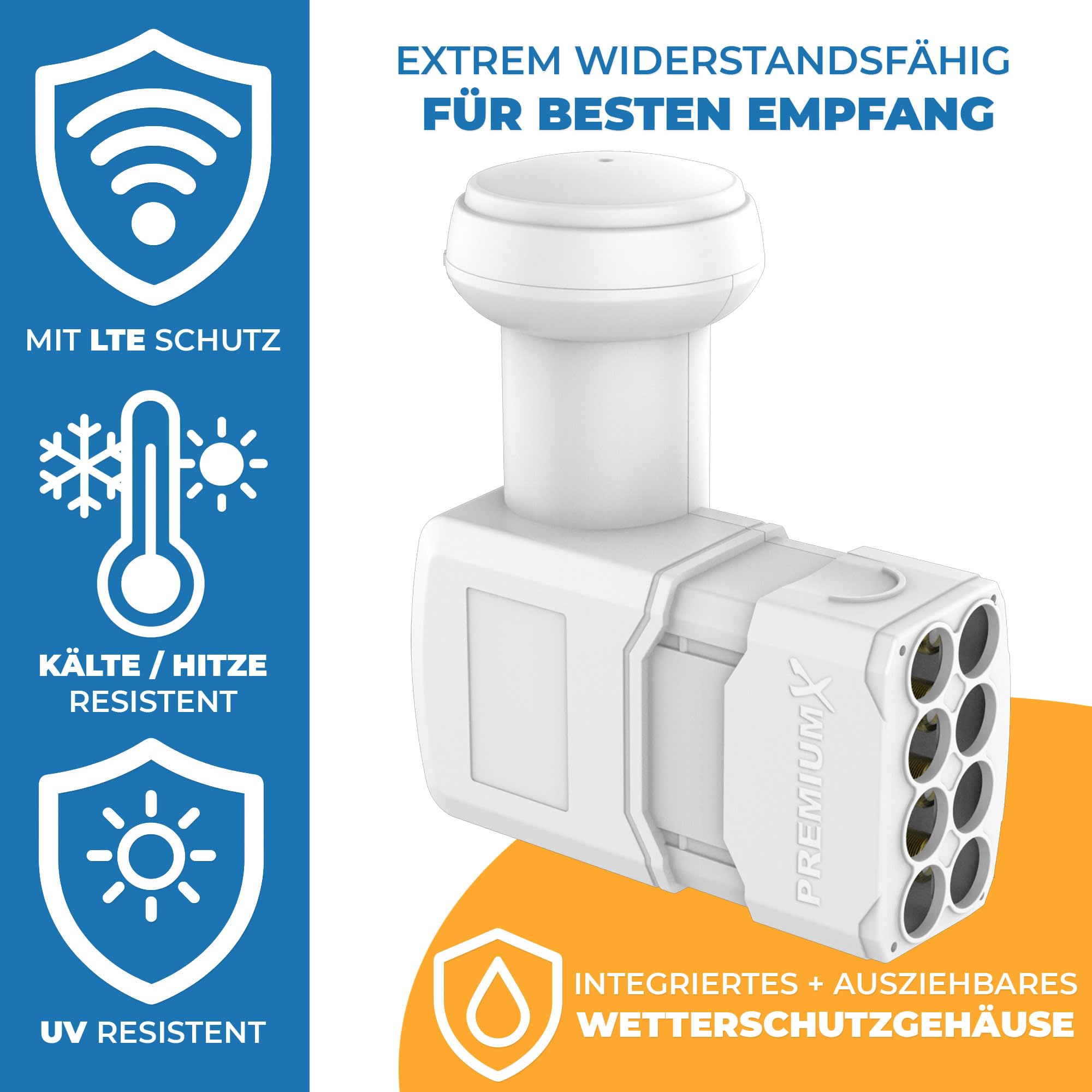 Premium X Octo LNB Collegamento Diretto Bianco 8 utenti Ricevitore Convertitore di Segnale TV satellitare HD 4K incl. 16x F-Plug in Oro con Anello di Tenuta
