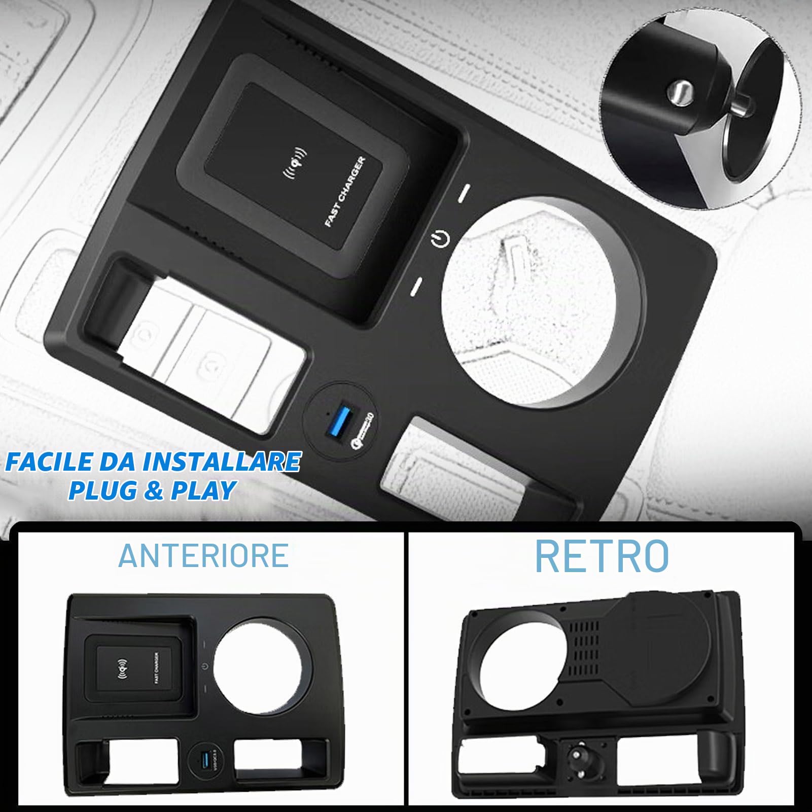 2024 Nuova Versione Caricatore Wireless per Auto per Audi Q3/Q3L Sportback 2020-2024 Tutti i Modelli, 15W Ricarica Rapida con Porta USB 27W Caricatore Wireless per Telefono Qi, Nero