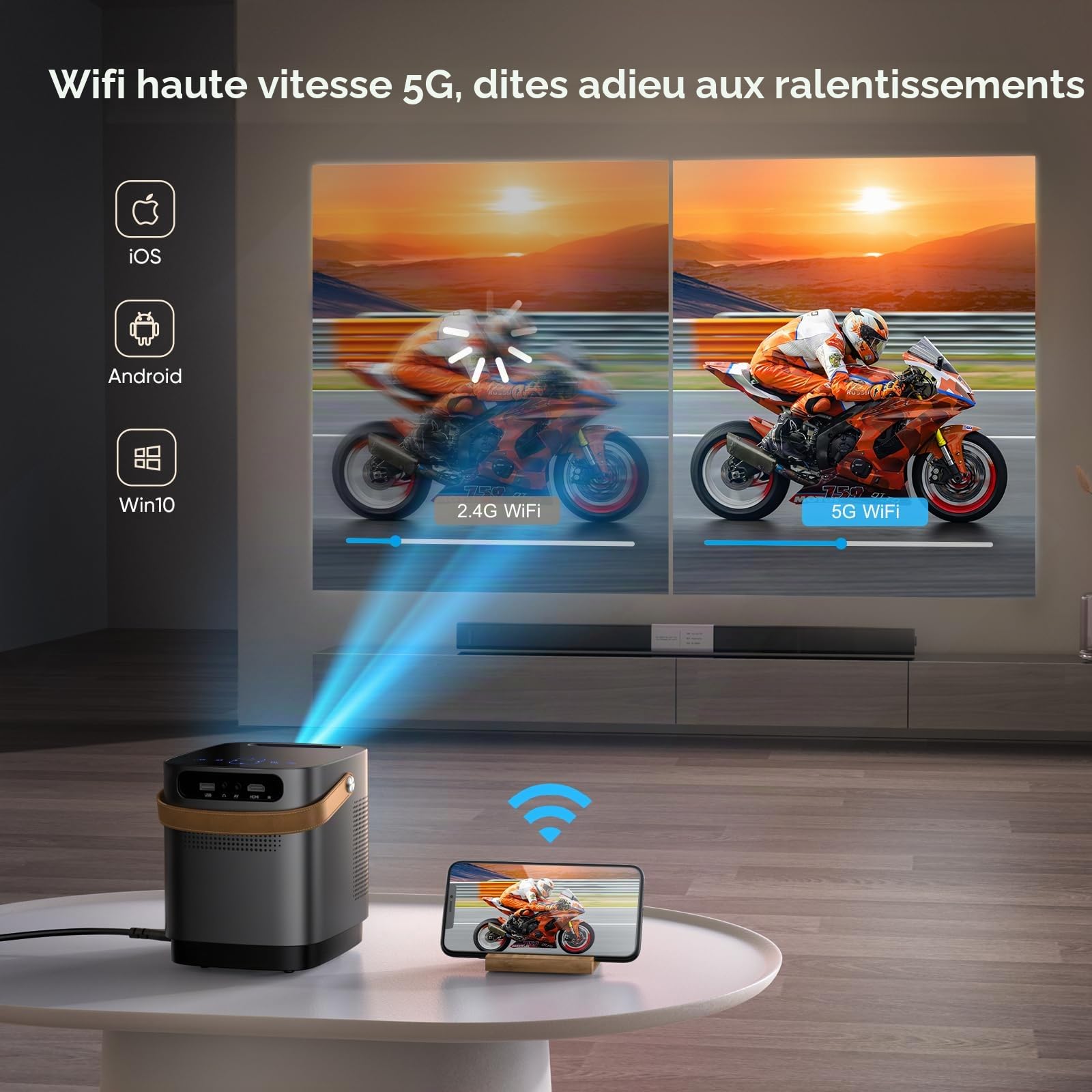 TOPTRO Mini Projecteur Portable 1080p avec WiFi 5G et Bluetooth, Projecteur avec Zoom et Écran Tactile, Compatible iOS/Android/PS5, Argenté