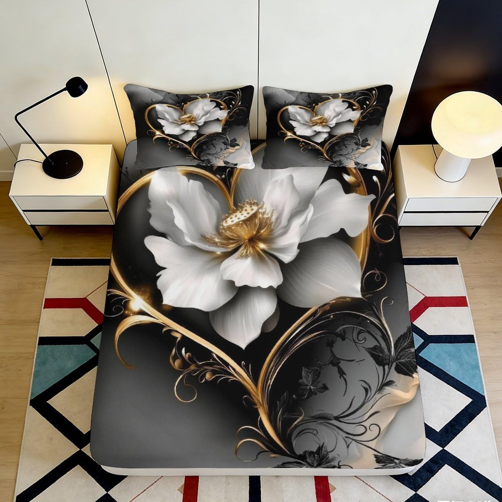 3D Printed White Flower Fitted Sheet Microfiber Soft Breathable Golden Heart Bed Cover for Bedroom Dormitory Guest Room Mattress Protection Decor 140x200x25cm