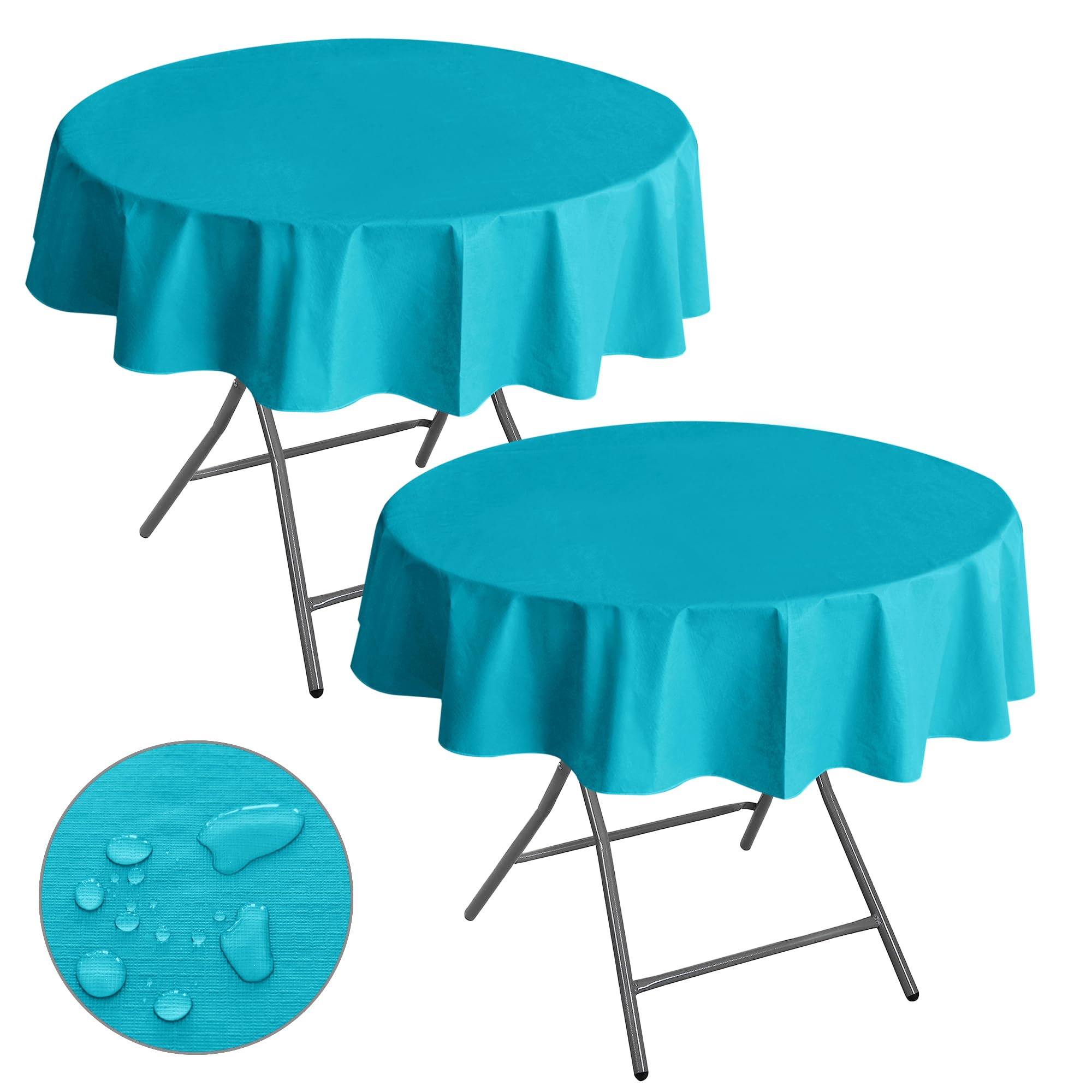Nasitos 2 Pack Vinyl Tablecloth - Round 60 Inch, Plastic Teal Table Cloths with Flannel Backing, Stain Resistant, Decorative Fabric Tablecloths for