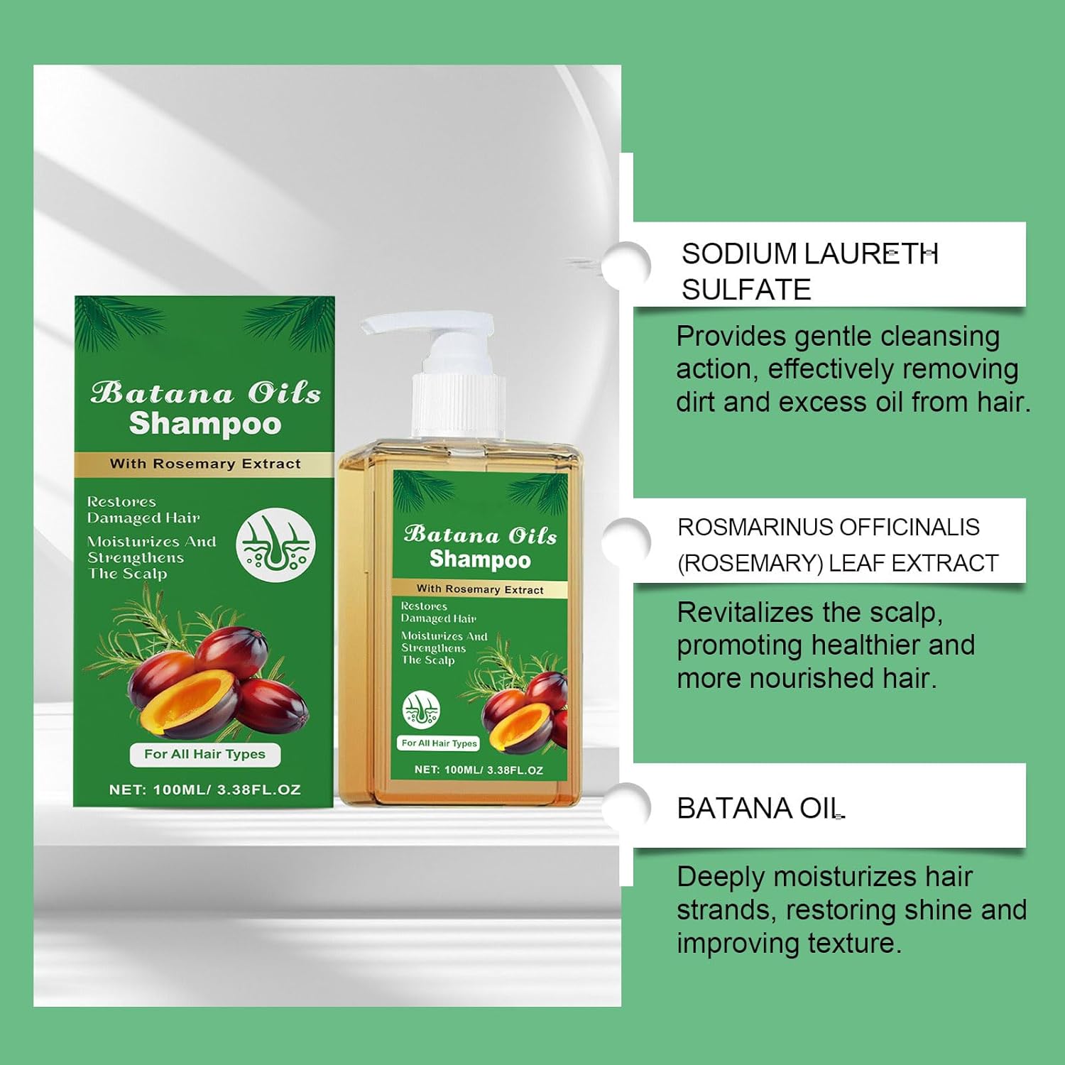 Batana Oils Shampoo with Rosemary Extract, Hair Restoration and Strengthening Treatment, For All Hair Types, 100ml/3.38 FL.OZ (3)