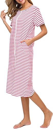 Vista 3 de Camisones de manga corta con cremallera frontal para mujer, batas de algodón de longitud completa, abrigo suelto con bolsillos, S-XXL