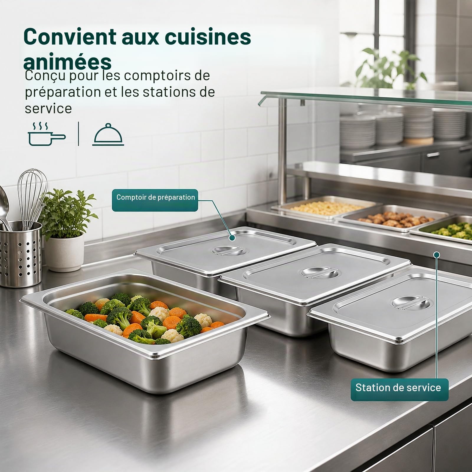 WOPPLXY Lot de 4 Plat Inox avec Couvercle, GN 1/3 Bac Inox avec Couvercle, 32,5 x 17,5 x 6,5 cm Bac Inoxs Alimentaire pour des Fours à Convection, des Bain-Maries, des Chafing Dishes