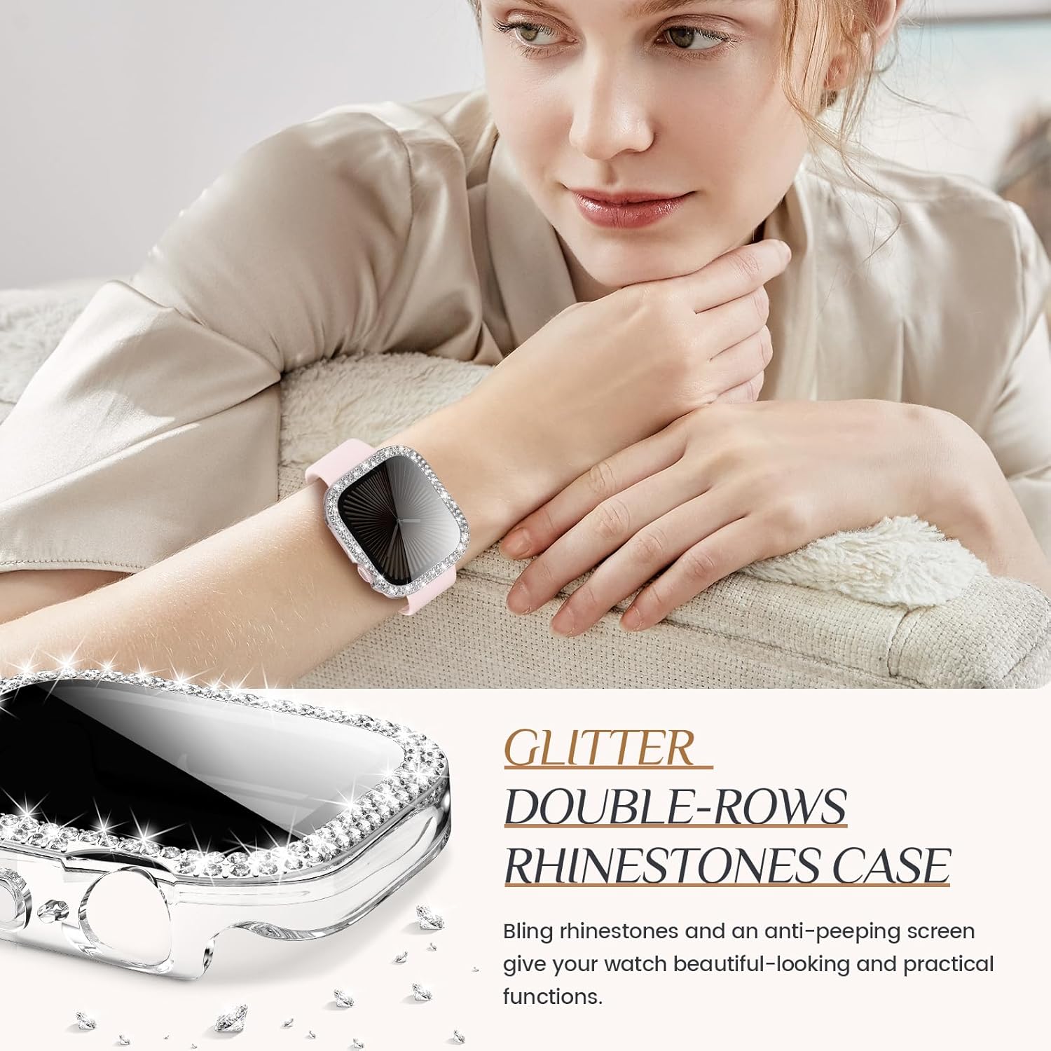 Goton Bling Screen Protector Compatible for Apple Watch Series 10 9 8 7 6 5 4 SE 2 41mm 44mm 40mm 45mm 46mm 42mm Case for Women, Glitter Diamond Rhinestone Face Cover for iWatch Accessories Black_Transparent 46mm image 6 of 7 B0DFYQ3GVR