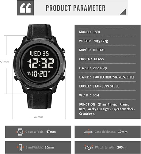 Miniatura 8 de PASOY Reloj de cuero digital con esfera grande para hombre, simple pantalla grande, alarma de cuenta regresiva, cronómetro, retroiluminación LED,