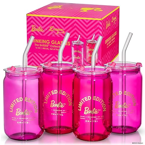 Dragon Glassware x Barbie Drinking Glasses - Pink and Magenta - 16 oz Can Shaped Glass Cups with Lids and Straws Set of 4 - Iced Coffee Cups with Lids - Glass Tumbler with Straw and Lid - 4 Count (Pack of 1) - Barbie - LE