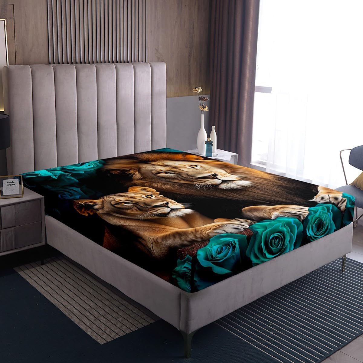 Erosebridal Lion Fitted Sheet Teal Rose Sheets,Western Bed Sheets Full,African Animals Bed Set Wildlife Flowers Room Decor