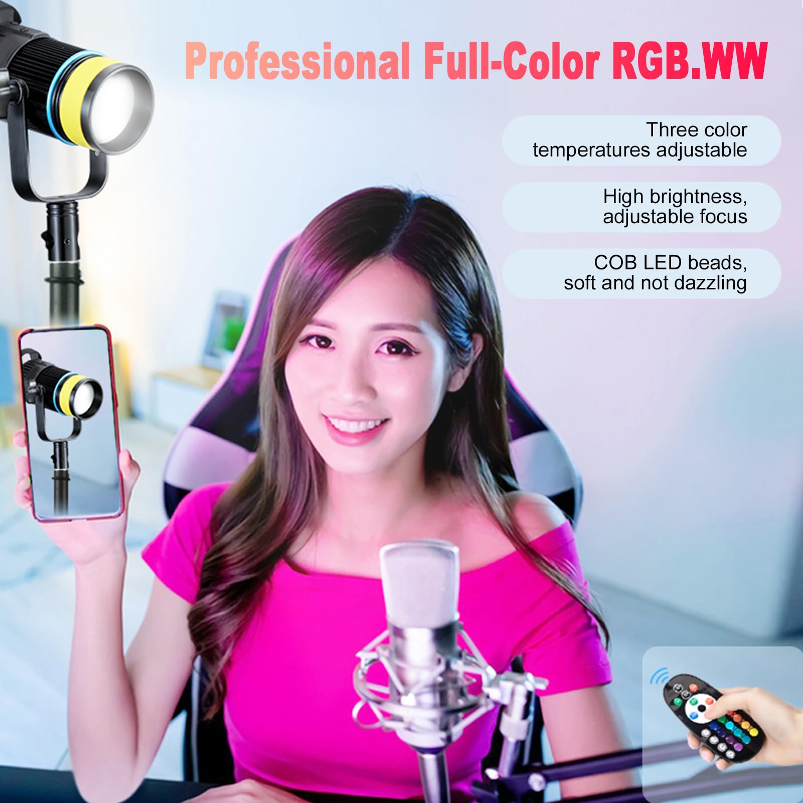 Luz de Vídeo LED RGB de 15 W, 2700 K-6500 K a Todo Color 1500 LM 5500 Lux CRI96+ COB Iluminación de Salida Continua, 4 Escenas, para Grabación de Vídeo, Fotografía (Enchufe de la UE)