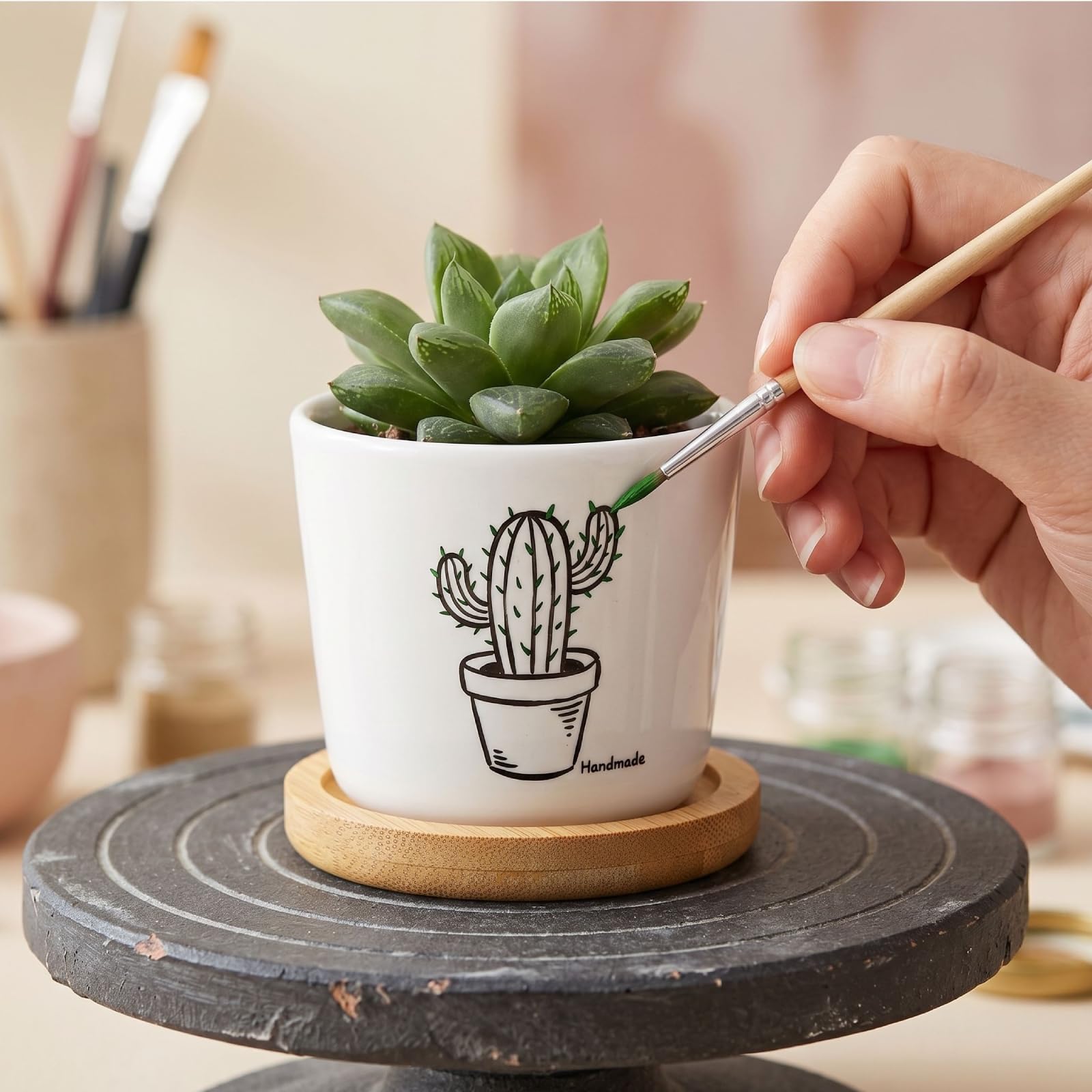 Tosnail Lot de 12 Petits Pots de 6,3 cm avec 12 Plateaux en Bambou