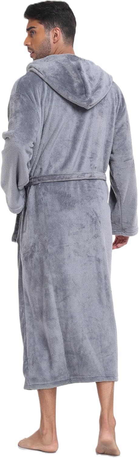 Men's Plush Hooded Bathrobe Winter Warm Fleece Robes Soft Flannel Long Robes with Pockets, Full Length - Image 6