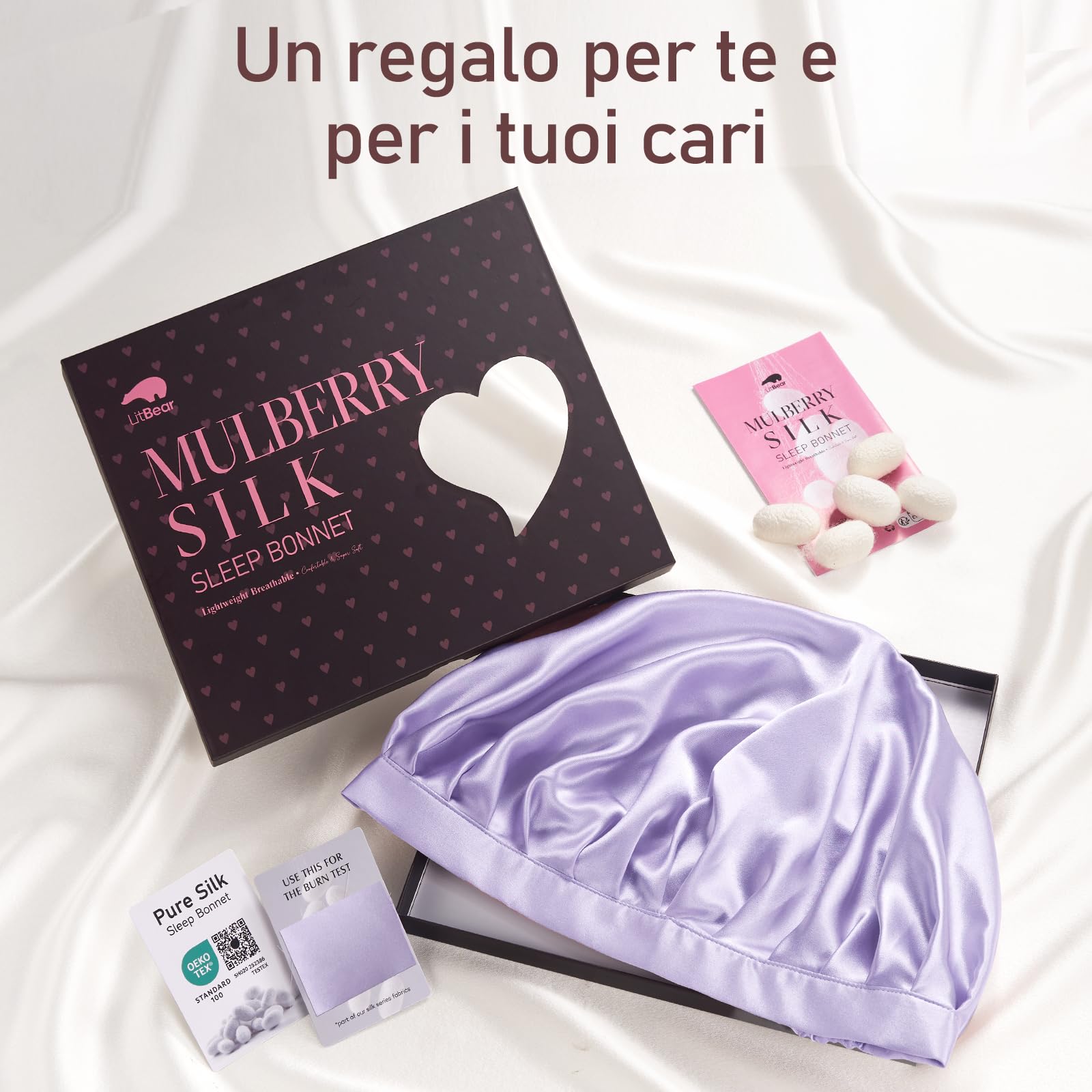 LitBear 22 Momme - Cuffia in Seta per Dormire, 100% Seta di gelso, 100% Silk Bonnet con Fascia Elastica, Traspirante e Regolabile per Capelli Ricci, Colore: Rosa., 61