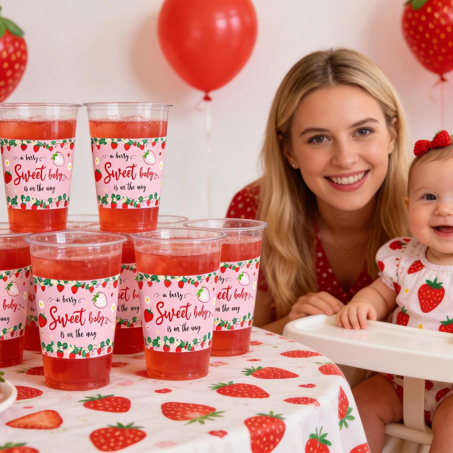 50 PCS Strawberry Baby Shower Plastic Cups,12 OZ Clear Disposable Cold Hot Drinking Cups Beverage Water Container A Berry Sweet Baby Is On The Way Themed Party Supplies