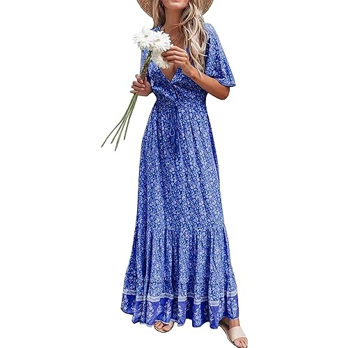 R.Vivimos Womens Summer Cotton Short Sleeve V Neck Floral Print Casual Bohemian Midi Dresses