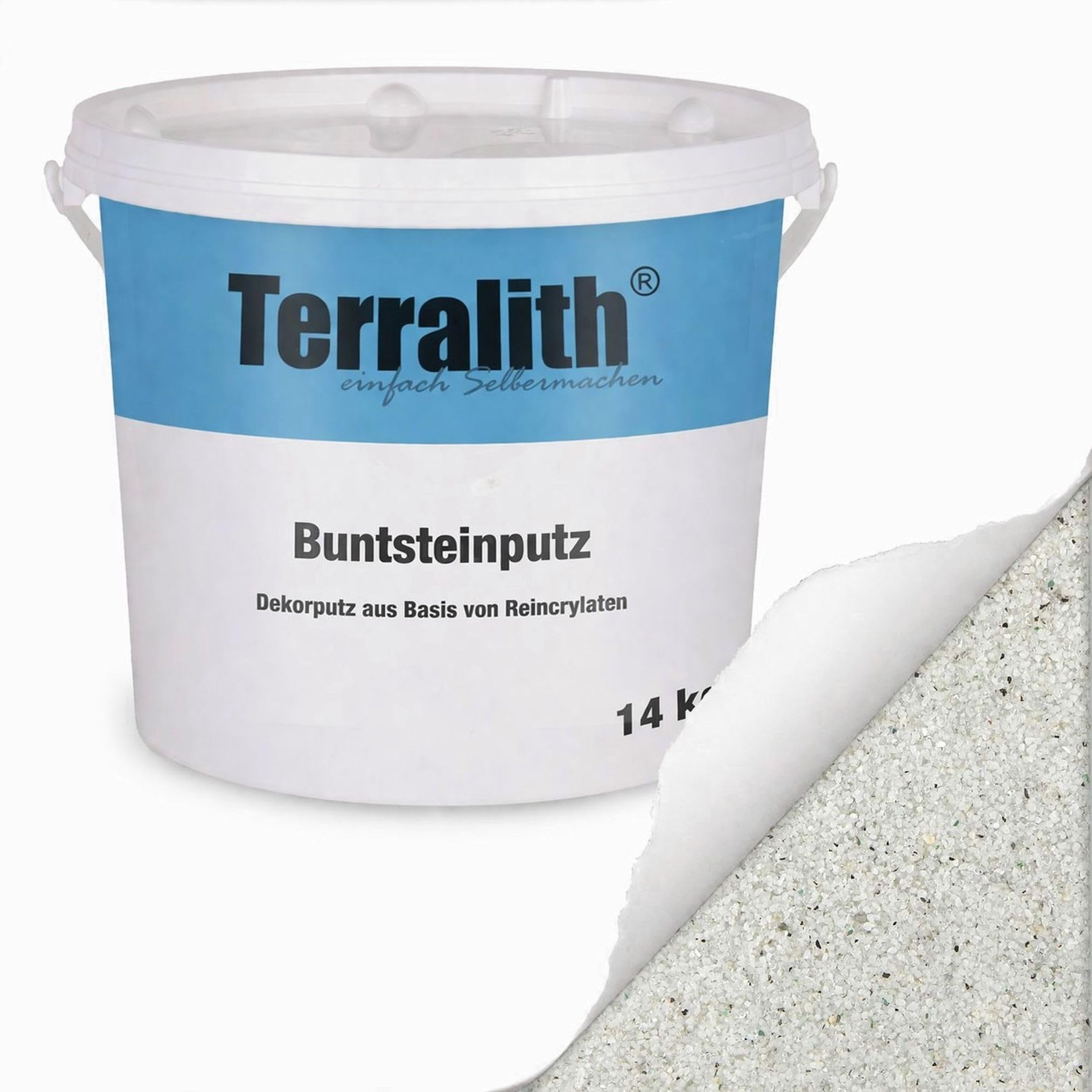 Terralith Buntsteinputz 14kg in weiß-glas, Sockelputz für Innen und Außen mit Reinacrylat Bindemittel aus Naturstein, 1-2mm Körnung (BSP80)