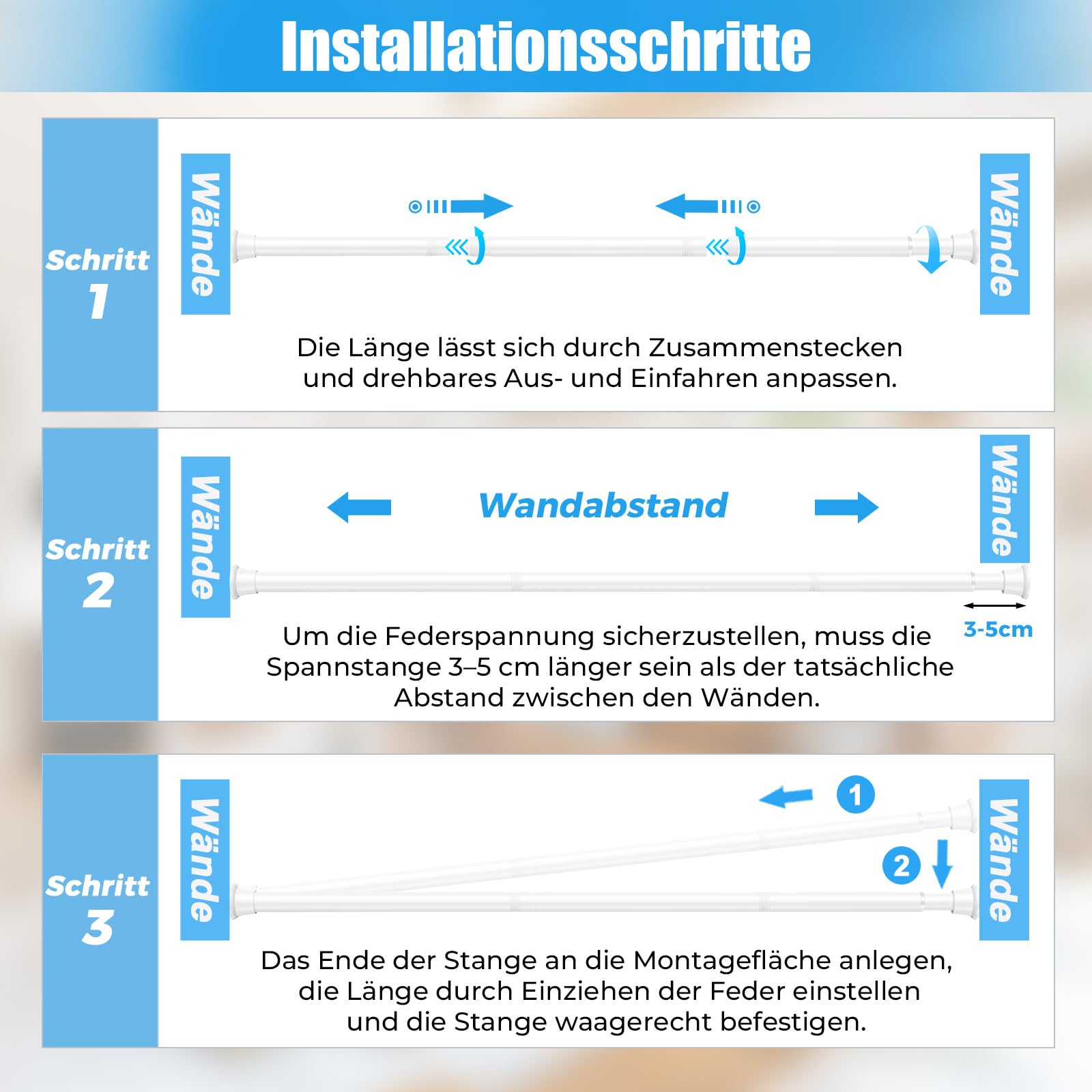 2 Stück Gardinenstange ohne Bohren 78‑196 cm, weiße Teleskopstange