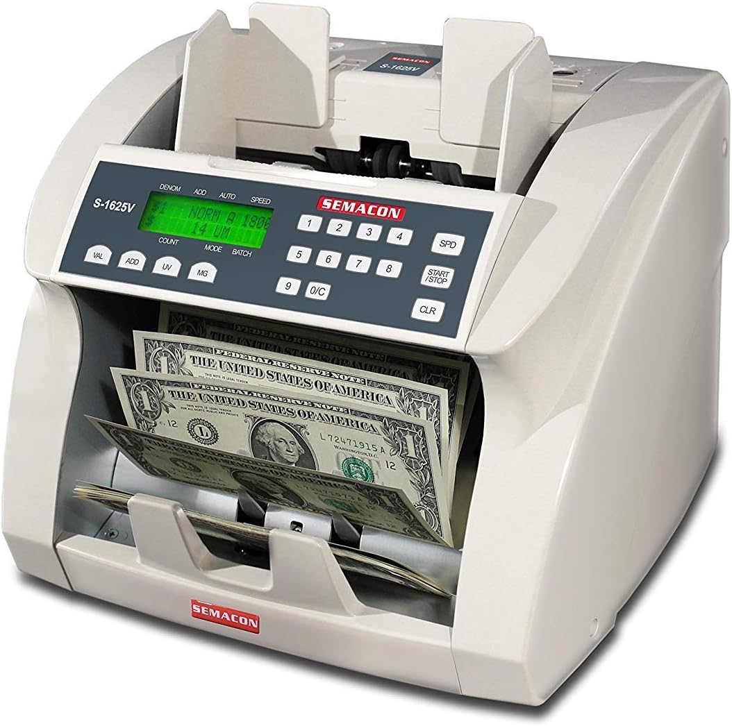 Semacon S-1625V Premium Bank Grade Currency Value Counter (UV/MG CF), 10 Digit Keypad, Up to 1800 Banknotes Per Minute, 4 Speed Settings, Batching 10 keys/1-999 Range