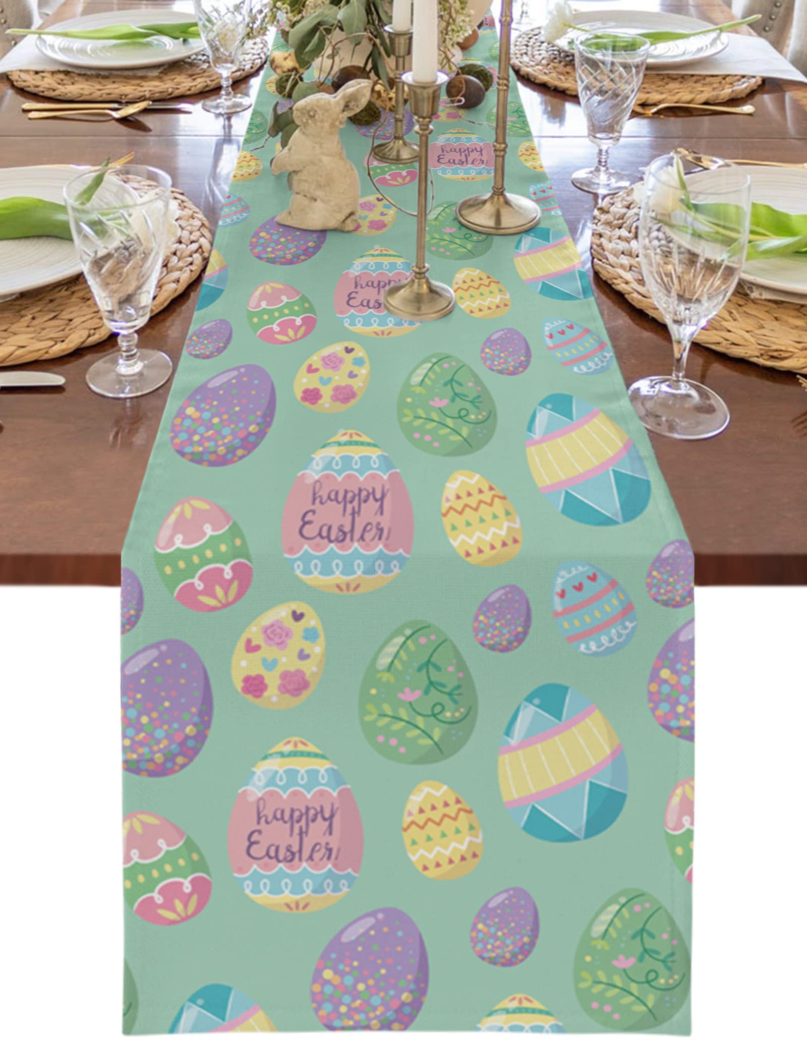 Easter Table Runners 13x36inches Long Kitchen Linen Table Runner, Farmhouse Non-Slip Holiday Table Runner for Spring Party Spring Easter Eggs Flowers Spring Teal Green Burlap Table Setting Decor