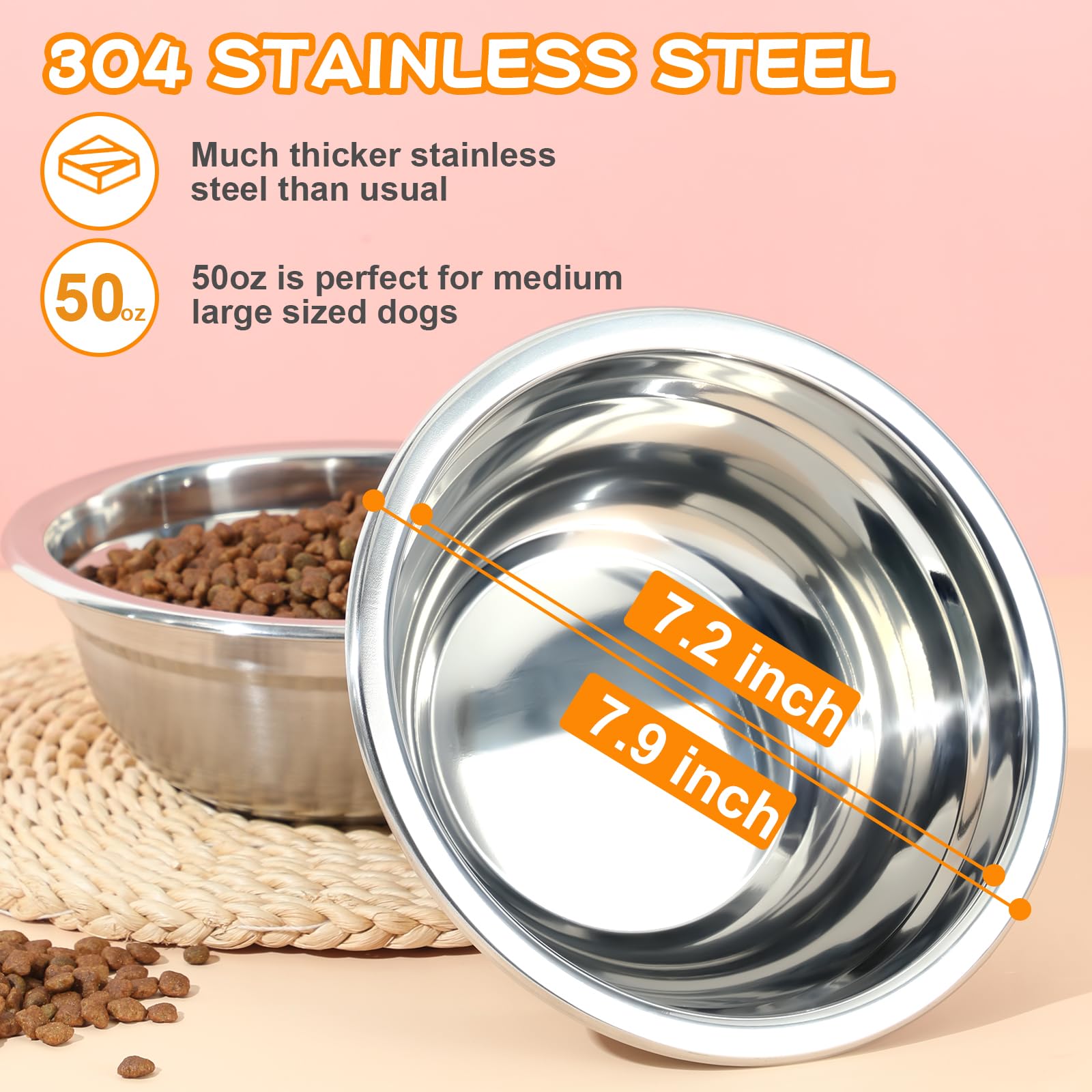 COMESOON Paquete de 2 cuencos de acero inoxidable de 8 pulgadas para perros de 50 onzas, cuencos de repuesto gruesos y duraderos para comida y agua, apto para soporte de cuenco para perros COMESOON