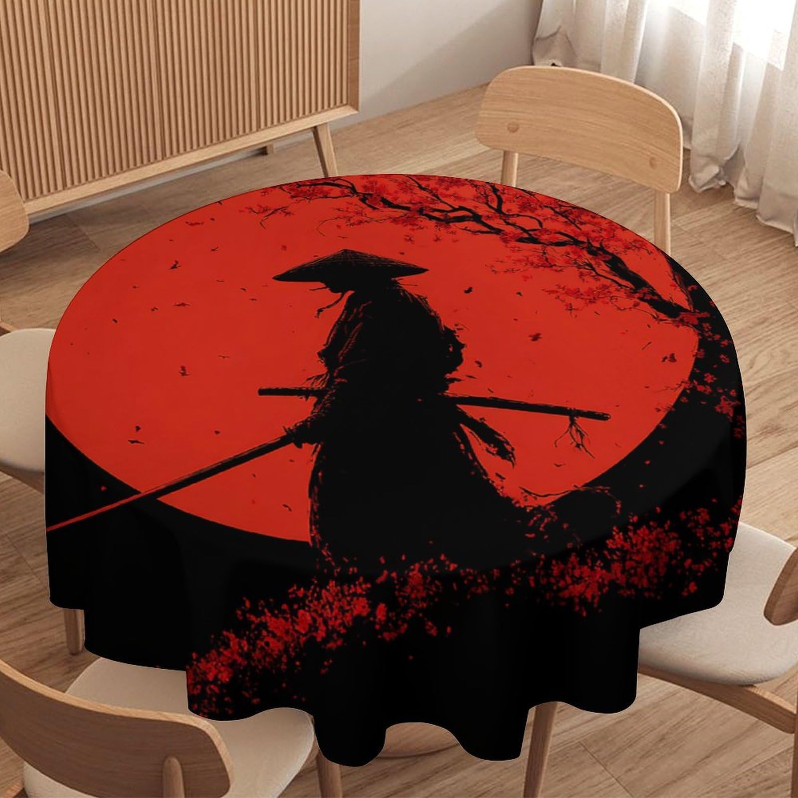 LUYYSKY Vintage Aesthetic Japanese Samurai Round Tablecloth Classic Abstract Plant Cherry Blossom Red Sun Print Washable Decor for Table Cover for Kitchen-127 Wx127 L cm