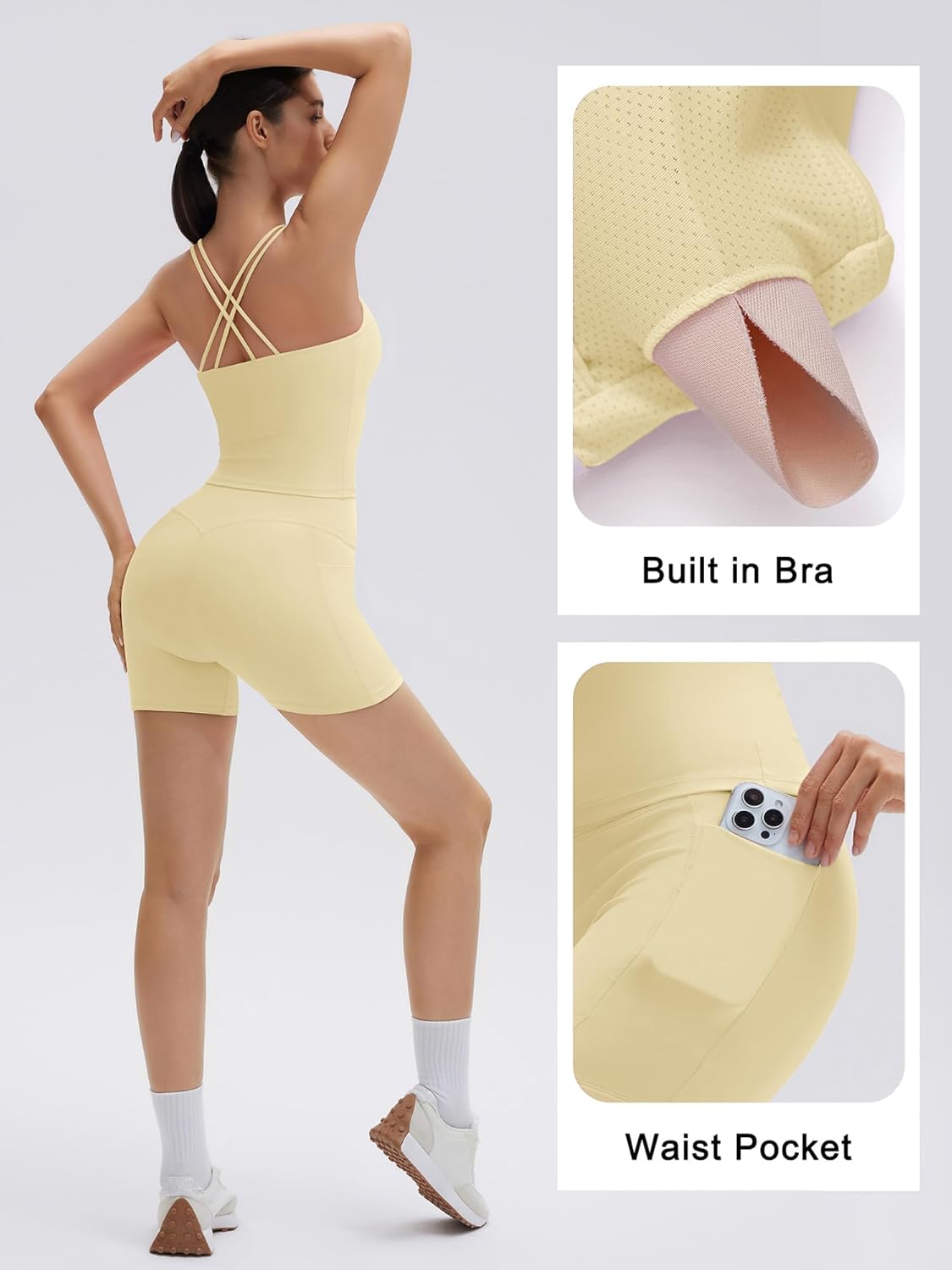SUUKSESS Women 2 Piece Workout Sets Padded Low Impact Yoga Tops High Waisted Biker Shorts with Pockets