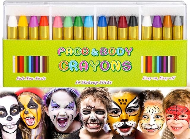 Rmeet Face Paint Crayons,16 Pack Face and Body Painting Crayon Kits Non-Toxic Face Paint Sticks for Kids Children Halloween Makeup Party Play Safe for Sensitive Skin