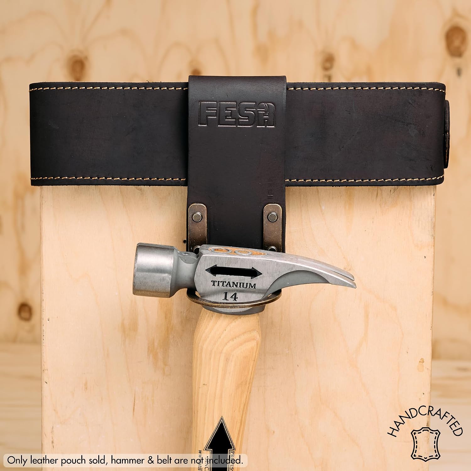FESA Leather Hammer Holder for Belt - Top Grain Leather Hammer Holster with Steel Hammer Loop & Reinforced Heavy Duty Rivets - Fits Belts up to 3" - Handcrafted