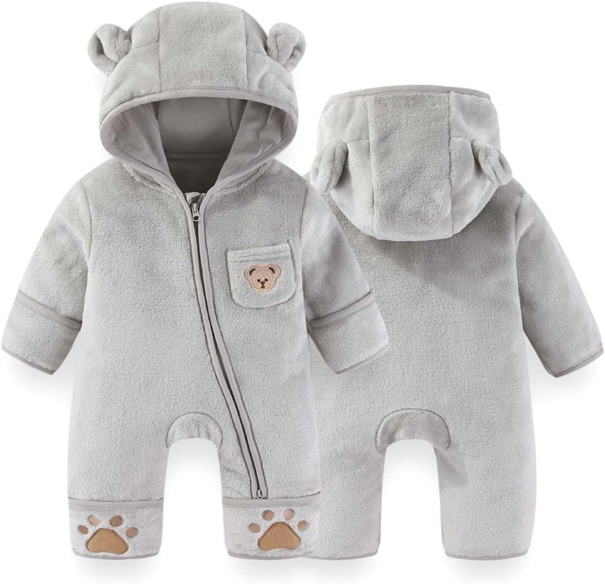 Newborn Baby Bear Outfit With Fold-Over Mittens Footies Thin Fleece Romper Hooded Jumpsuit Winter Coat Girls Boys