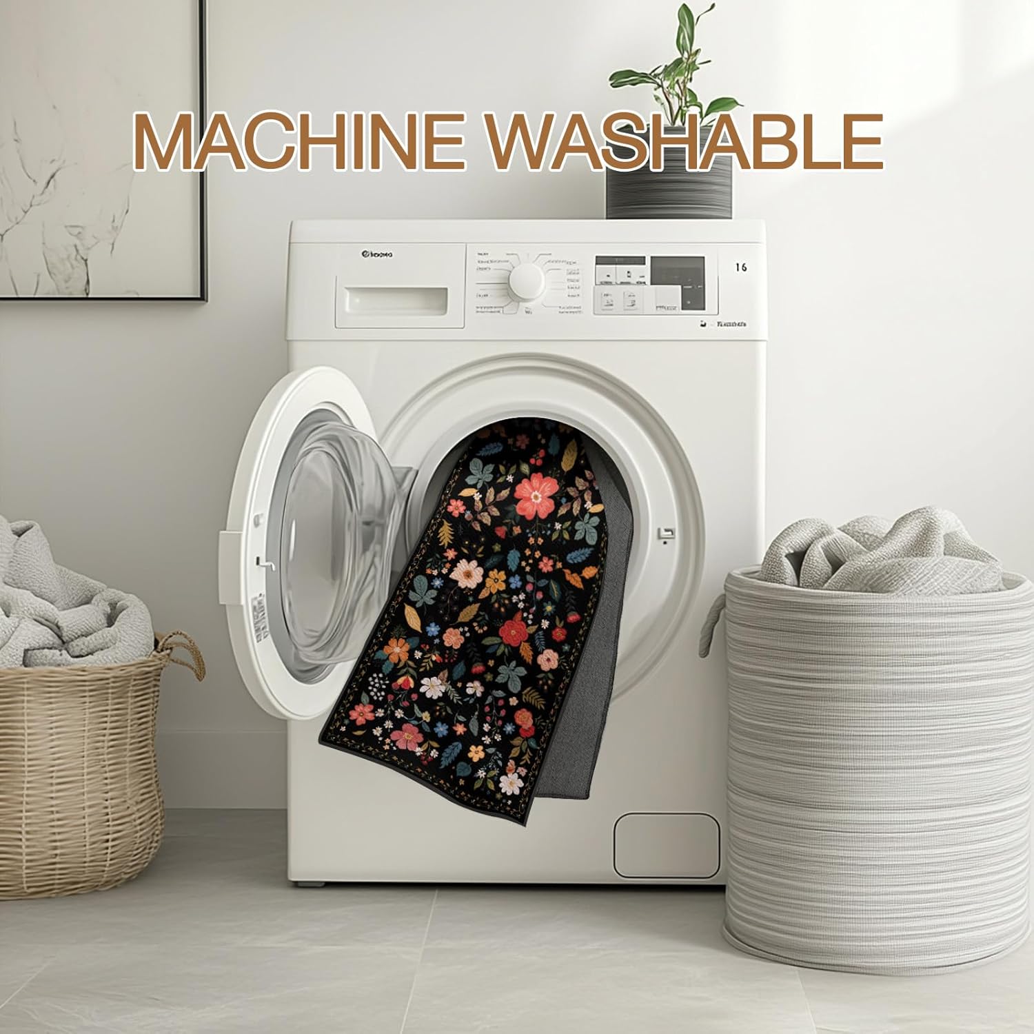 3x5 Rug Machine Washable Area Rugs Black Boho Floral Bedroom Bedside Rug Mat Non Slip Low Pile Small Carpet Throw Rugs for Bedroom Entryway Laundry Living Dorm Room Essentials for Girls