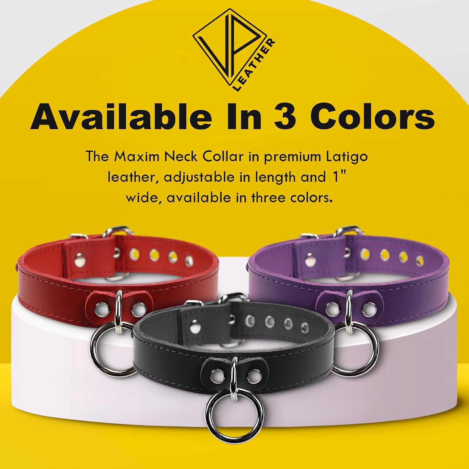 VP Leather Meraux Collar – Top Grain Leather & Soft Lambskin - Adjustable - Nickel Plated Buckles, Eyelets, Studs & O-ring