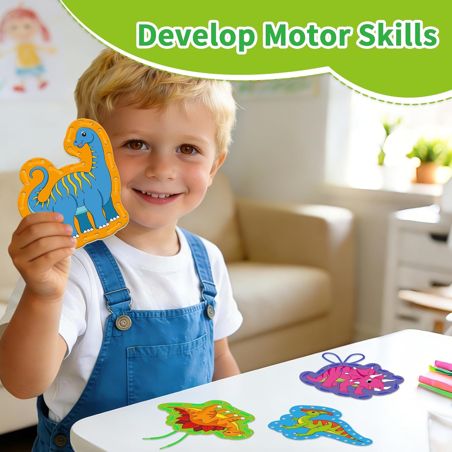 Dinosaur Lacing Cards,Double Side Toddler Sewing Kit for Kids,Fine Motor Skills Toys,Shoe Tying Practice,Manipulatives for Preschoolers,Classroom Must Haves,Preschool Learning Activities
