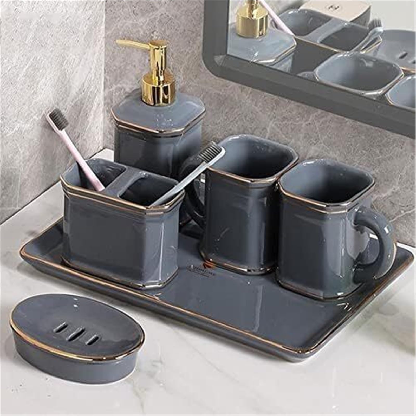 Seifenspender-Set 6 Stück Keramik Seifenspender Zahnputzbecher Zahnglas Mundwasser und Tablett für das Neue Zuhause