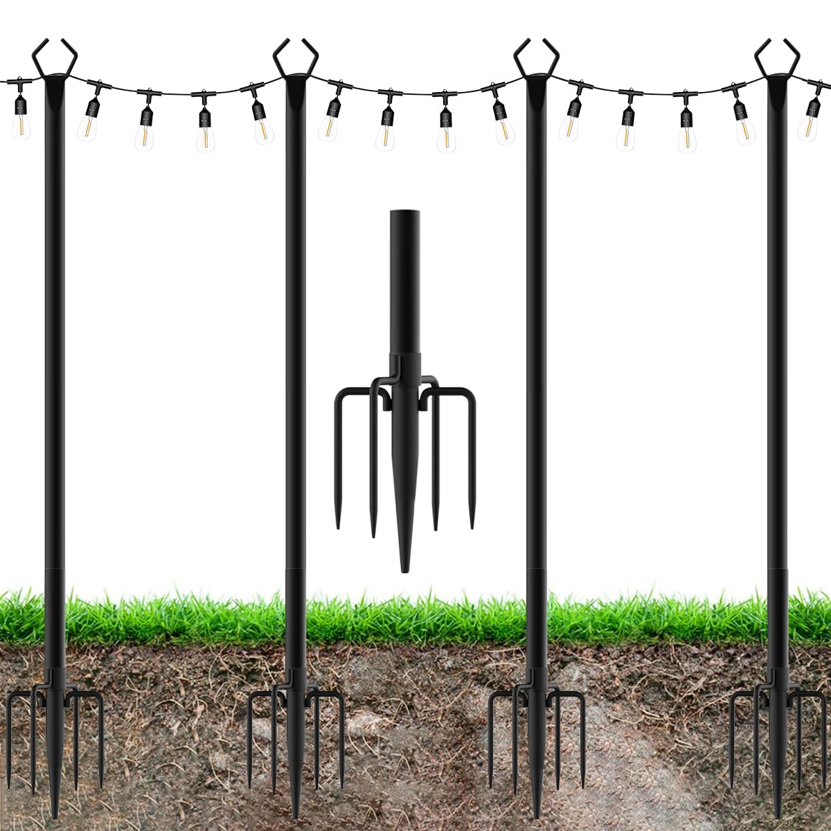 Paquete de 4 postes de luces para exteriores, 9.7 pies, soporte de poste de luz para exteriores con tenedor, postes de metal resistentes para cadena al aire libre, postes de luz resistentes a la