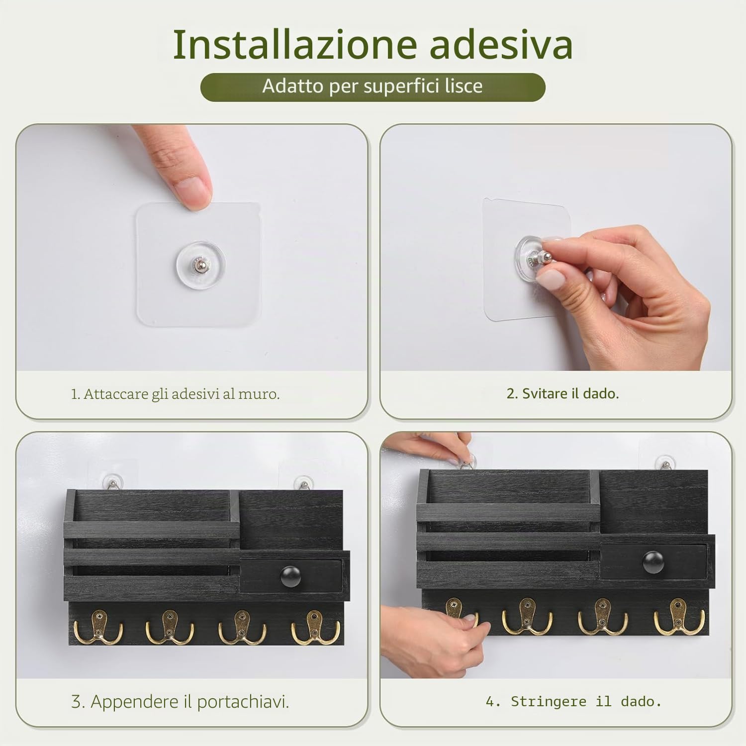 Appendi Chiavi a Muro con Cassetto Portaoggetti, Appendi Chiavi Ingresso con 4 Doppio Ganci, Portachiavi da Parete in Legno, Mensola da Parete per Casa, Ingresso, Ufficio - Nero